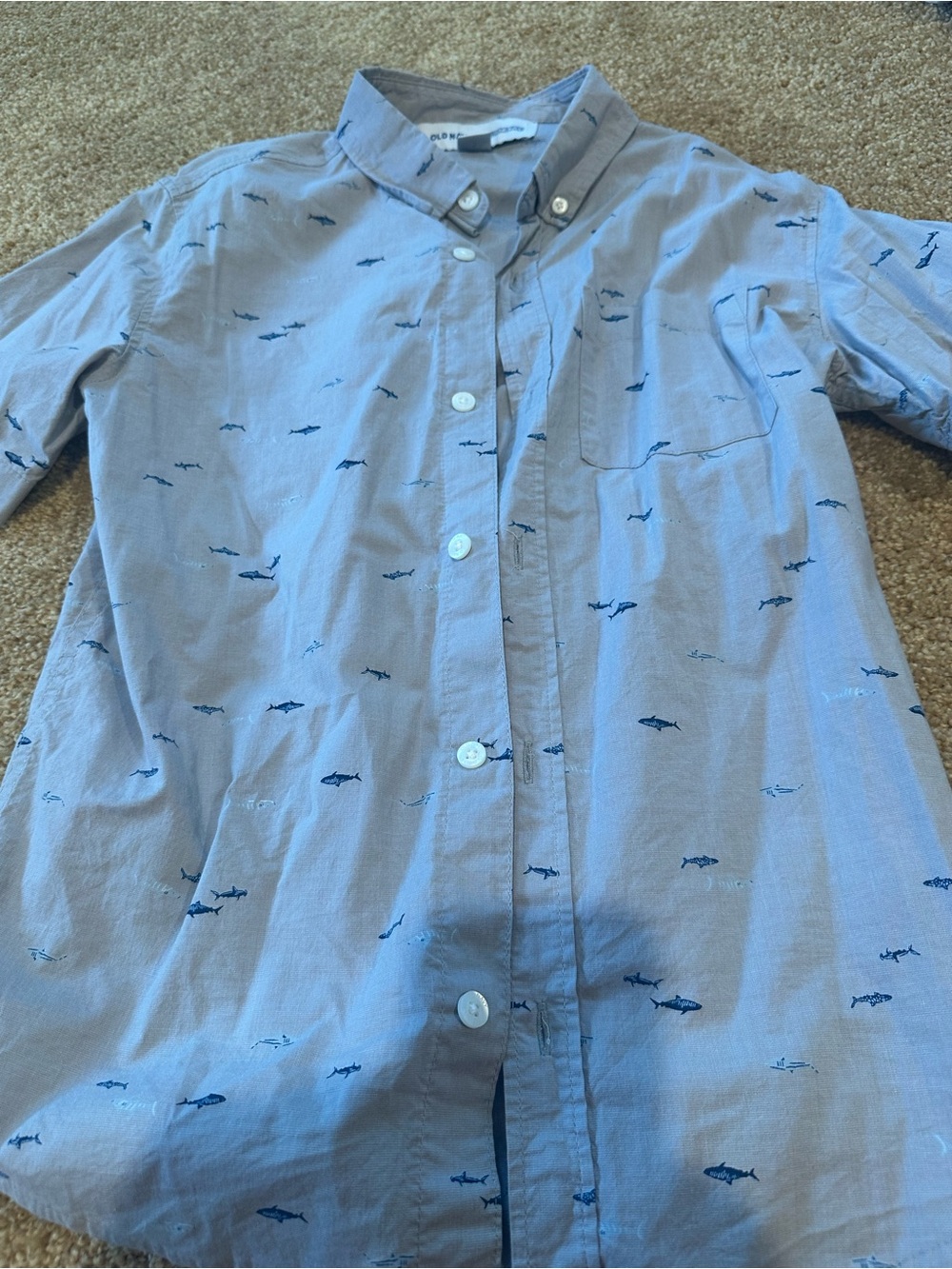 Boy’s Light Blue Button-Down Shirt with Mini Shark Print pre owned